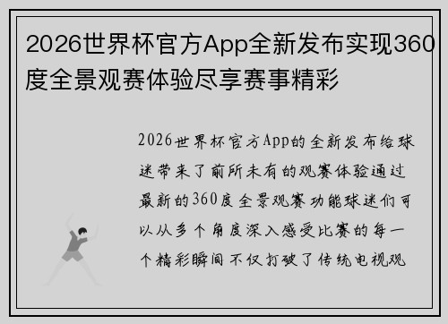 2026世界杯官方App全新发布实现360度全景观赛体验尽享赛事精彩